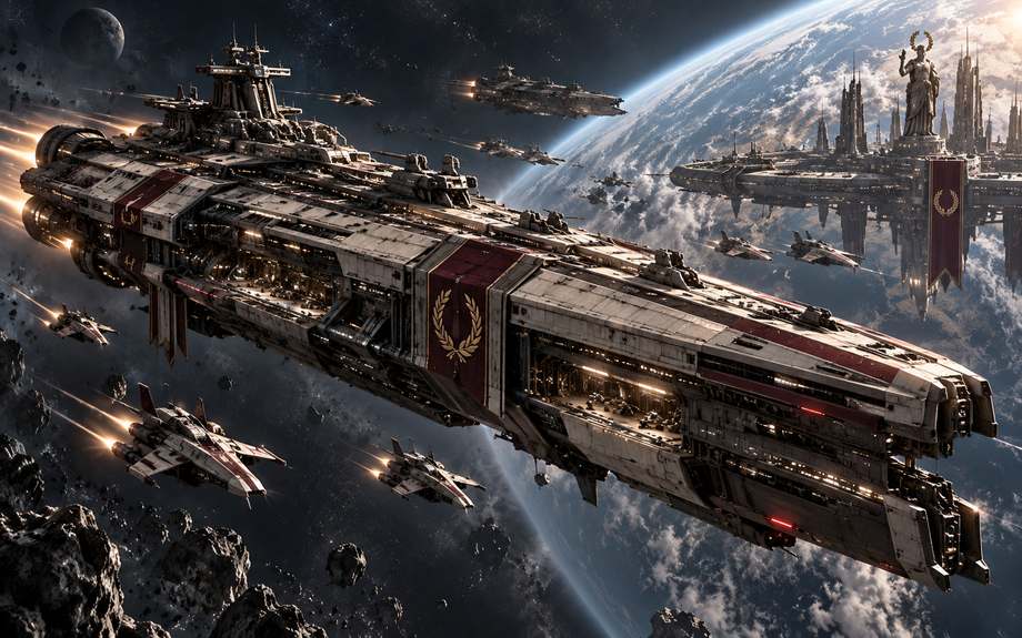 A Nova Roma capital ship on station above a world, escorted by fighters