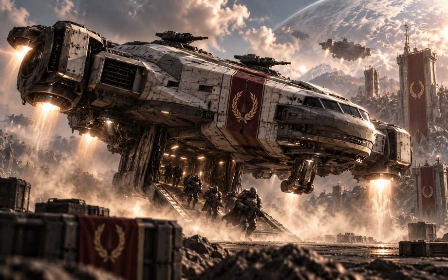 A Nova Roma dropship unloading armored infantry onto a contested surface