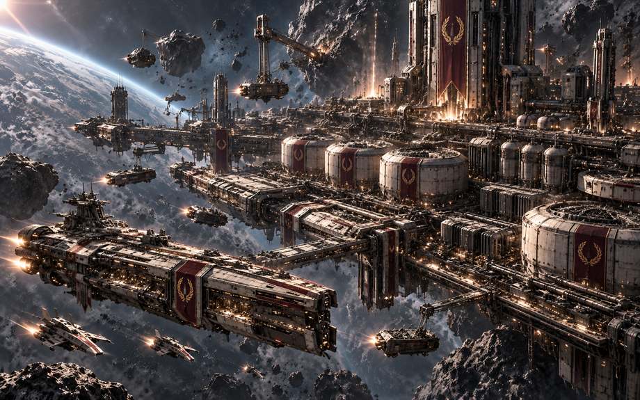 A Nova Roma refinery and shipyard complex built into an asteroid field