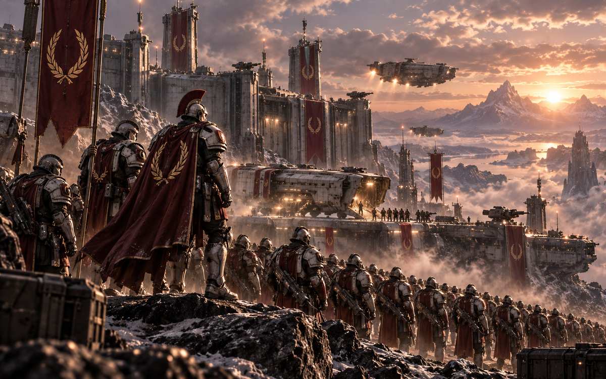 A Nova Roma legion mustered at dawn before a fortress world