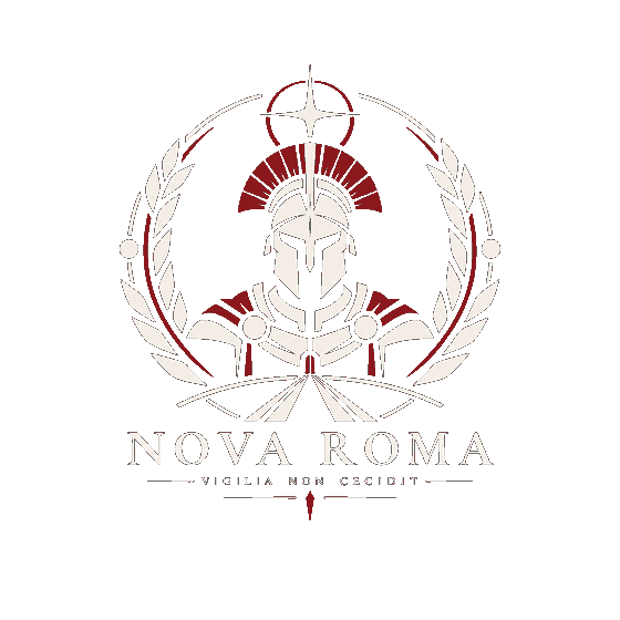 Nova Roma crest: a crested helm within a laurel wreath